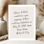 Script Modern Minimalist Wedding Postcard<br><div class="desc">Celebrate love with us! Our wedding invitation captures the essence of romance with all the text beautifully written in modern script handwritten style. Every word dances across the page, inviting you to join us as we begin our journey together. From the heartfelt vows to the joyous celebration, our invitation sets...</div>