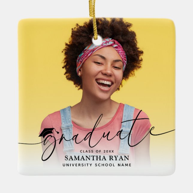 Script Modern Photo Graduation Ceramic Ornament (Front)