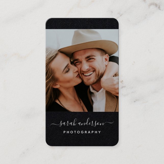 Script Modern Typography Photographer Black Cool Business Card (Front)