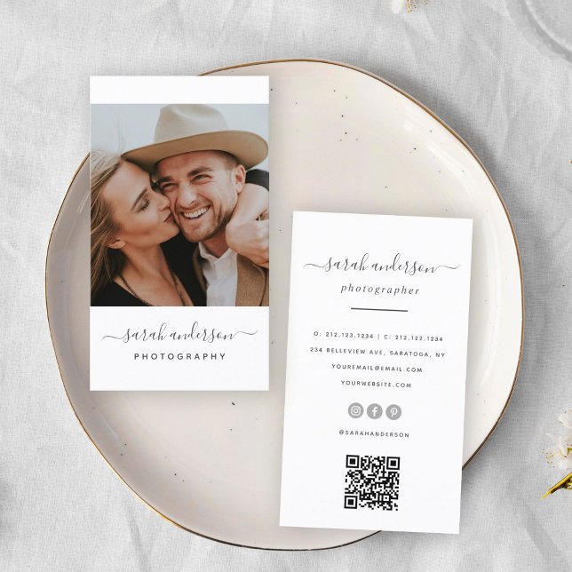 Script Modern Typography Photographer QR CODE Business Card (Two business cards on a white plate. The left card features a photo of a couple smiling warmly, )