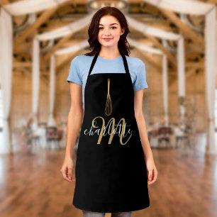 Script Monogram Black And Gold Whisk Apron