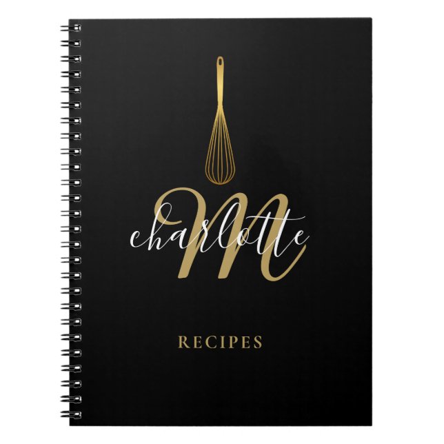 Script Monogram Black Gold Whisk Recipe Notebook (Front)