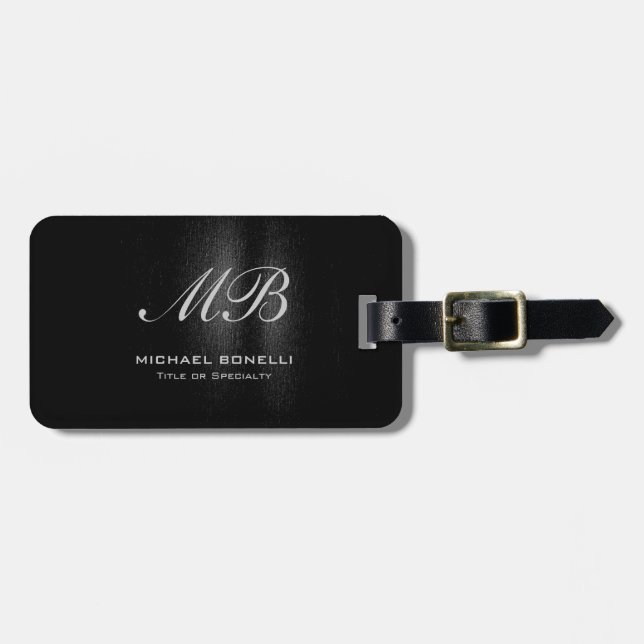 Script monogram black grey  luggage tag (Front Horizontal)