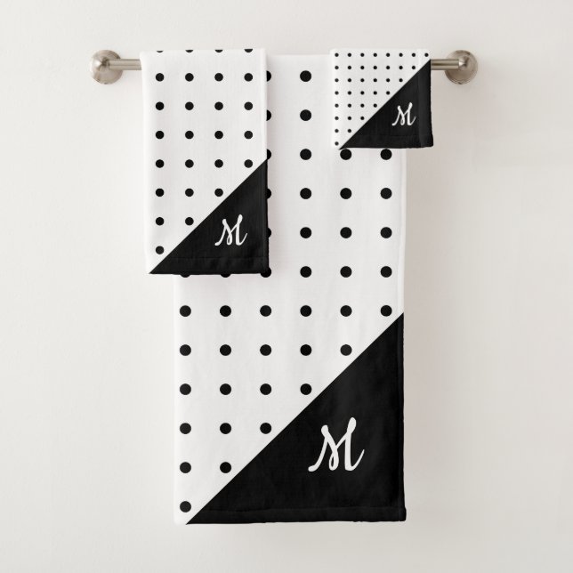 Script Monogram Black on White Polka Dot Pattern Bath Towel Set (Insitu)