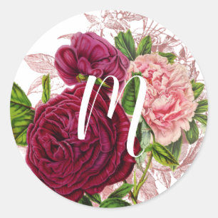 Script Monogram Blush & Burgundy Floral Classic Round Sticker