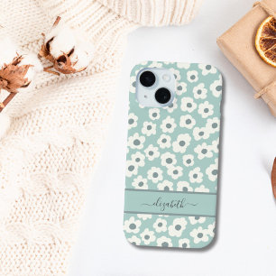 Script Monogram Boho Green White Grey Floral iPhone 15 Case