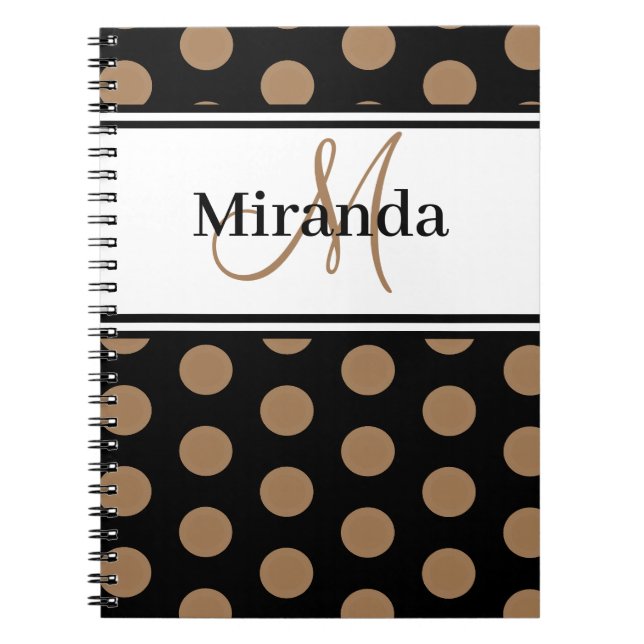 Script Monogram Brown Polka Dots Black White Notebook (Front)