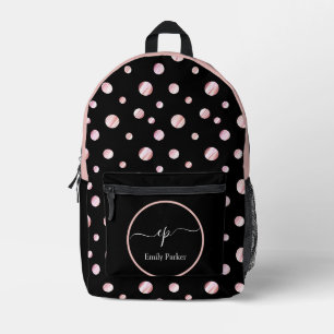 Script Monogram Custom Name Black Polka Dot Circle Printed Backpack