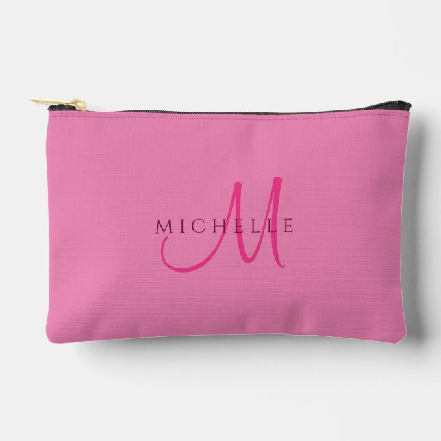 Script Monogram Cute Pink Solid Colour Personalise Accessory Pouch (Front)