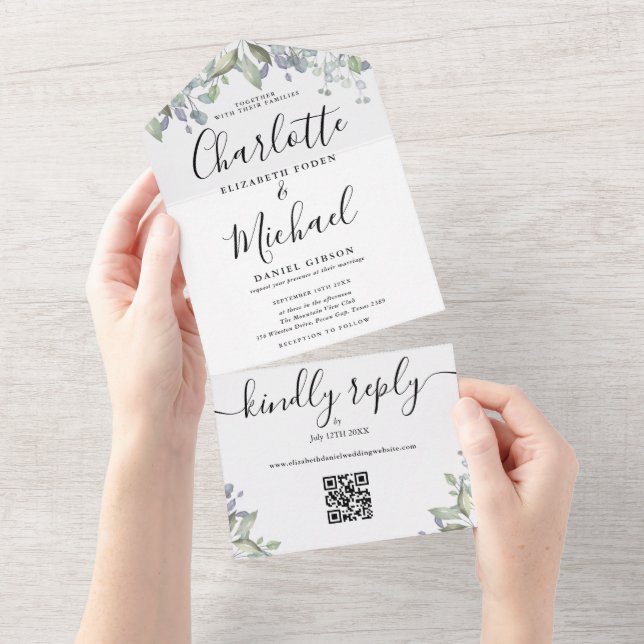 Script Monogram Floral QR Code Wedding  All In One Invitation (Tearaway)