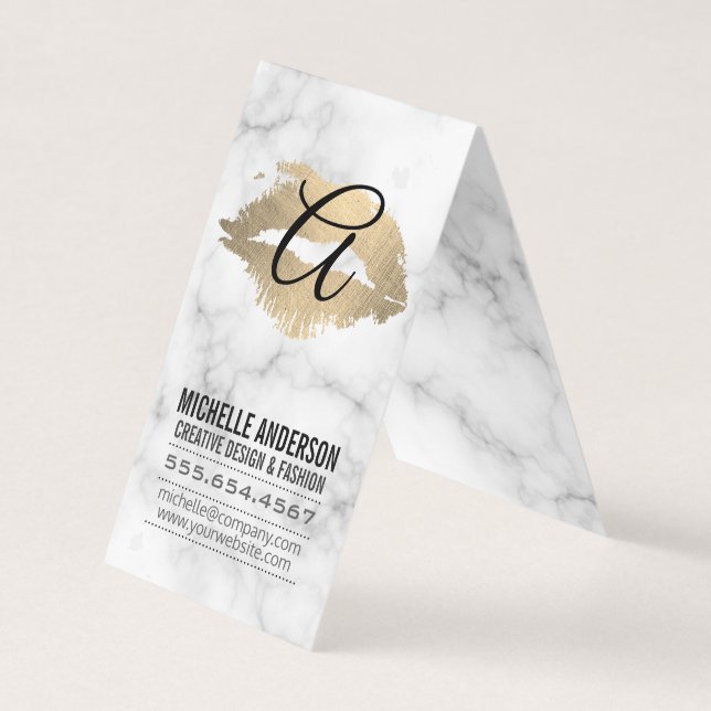 Script Monogram Gold Kiss Stain Marble Business Card (Front)
