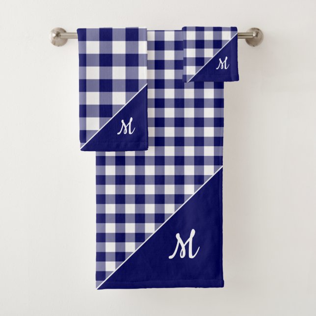 Script Monogram Navy Blue White Checked Pattern Bath Towel Set (Insitu)