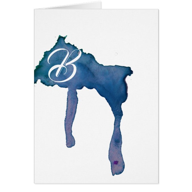 Script Monogram Note Cards- Watercolor Drip Blue (Front)