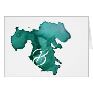 Script Monogram Note Cards- Watercolor Splat Teal