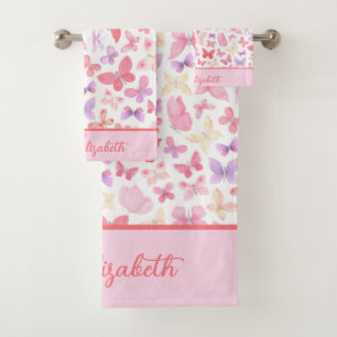 Script Monogram Pink Purple Yellow Butterflies Bath Towel Set