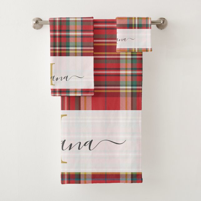 Script Monogram Plaid Rustic Red Name Bath Towel Set (Insitu)