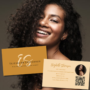 Script Monogram QR Code Photo Tan Brown Girly   Business Card