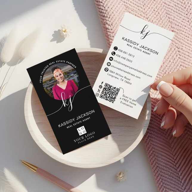 Script Monogram Real Estate Photo Logo QR Code Business Card (Script Monogram Circle Business Photo Logo QR Code Business Card)