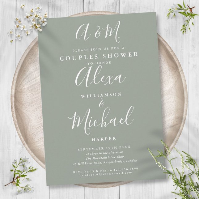 Script Monogram Sage Green Couples Wedding Shower Invitation (Script Monogram Sage Green Couples Wedding Shower Invitation)