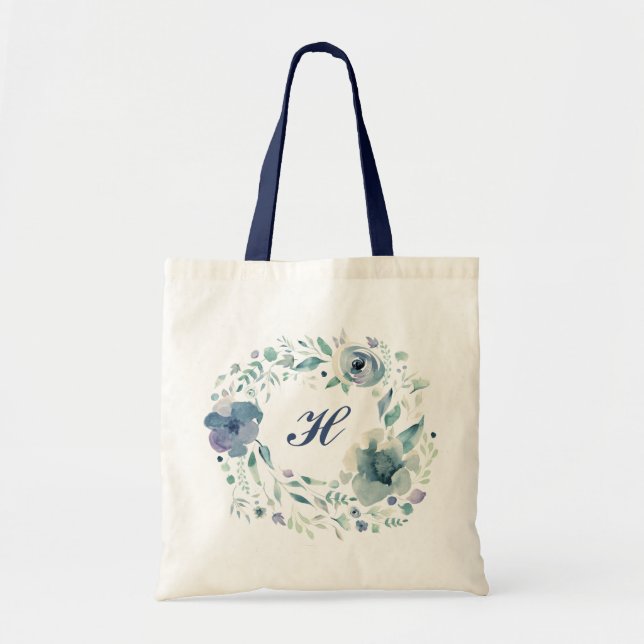 Script Monogram Watercolor Blue Floral Wreath Tote Bag (Front)