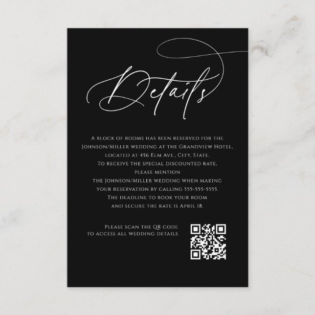 Script Monogram Wedding Details Black QR Code Enclosure Card (Front)