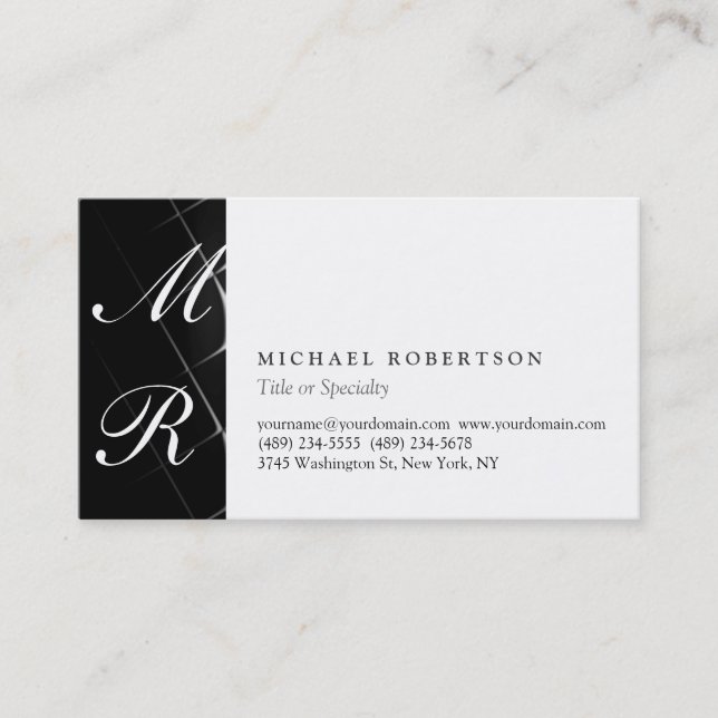Script Monogram White Black Pattern Business Card (Front)