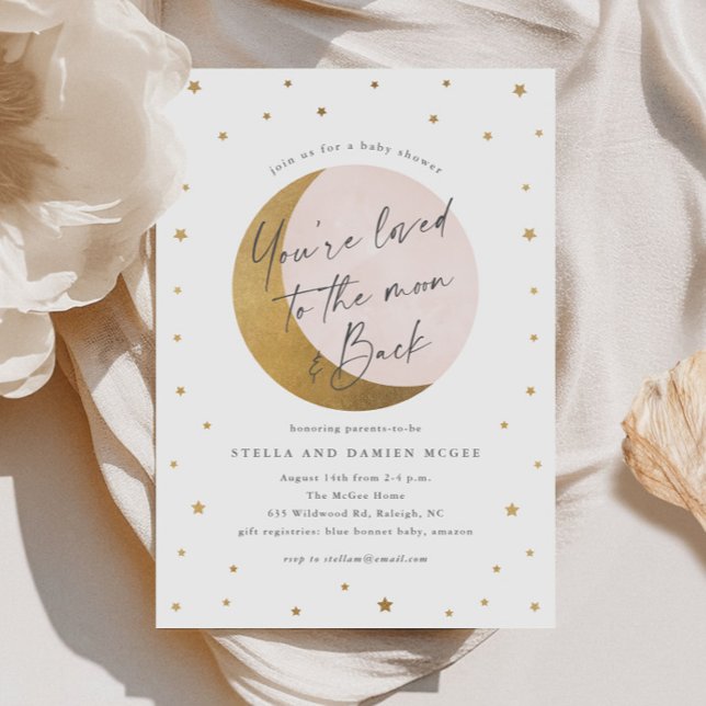 Script Moon and Back Baby Shower Invitation (Elegant Script Gold Moon and Stars Pink Girls Baby SHower Invitations.)