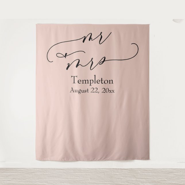 Script Mr & Mrs Simple Blush Photo Backdrop Tapestry (Front)