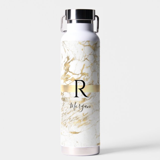 Script Name & Black Monogram, White & Gold Marble Water Bottle (Front)