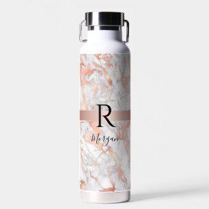 Script Name/Blk Monogram, White & Rose Gold Marble Water Bottle