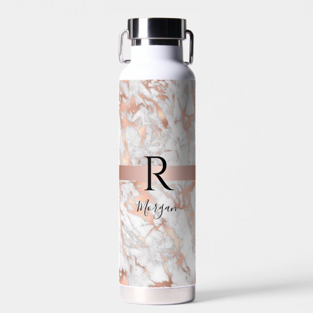 Script Name/Blk Monogram, White & Rose Gold Marble Water Bottle (Front)