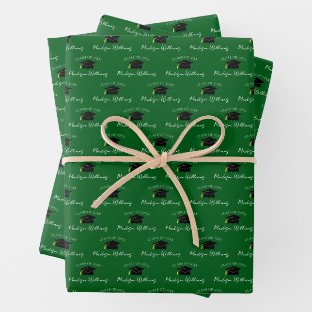 Script Name Graduation Cap Class Year Green Wrapping Paper Sheet (In situ)