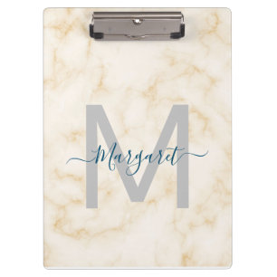 Script Name Monogram Gold White Marble Clipboard