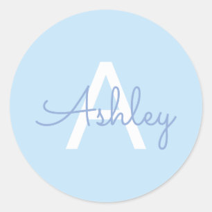 Script Name & Monogram   Light Blue White Purple Classic Round Sticker