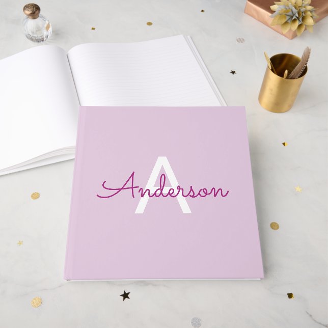 Script Name & Monogram | Magenta & Light Purple Guest Book (Front Open)