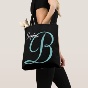 Script Name & Monogram on Black Tote Bag