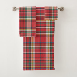 Script Name Monogram Plaid Rustic Red Bath Towel Set