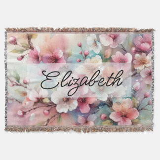 Script name on vintage watercolor pink flowers  throw blanket