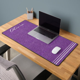 Script Name, Purple Denim Print, White Accents Desk Mat