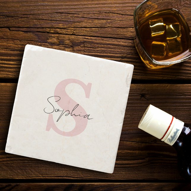 Script Name With Pink Monogram Personalized Stone Coaster (Creator Uploaded)