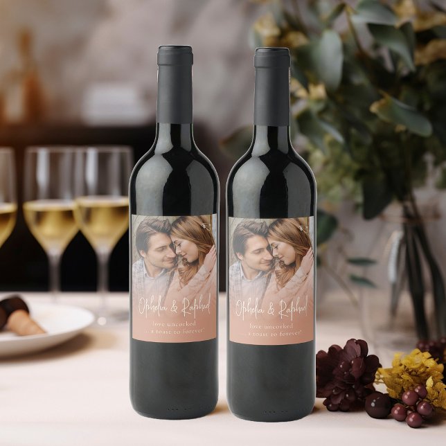 Script Names Photo Overlay Terracotta Wedding Wine Label (Creator Uploaded)