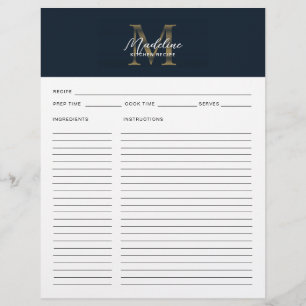 Script Navy Blue Metallic Gold Monogram Recipe