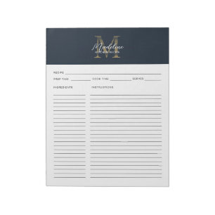 Script Navy Blue Metallic Gold Monogram Recipe Notepad