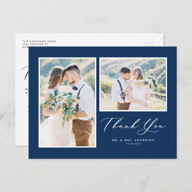 Script Navy Blue Two Photo Wedding Thank You Postcard (Front/Back)
