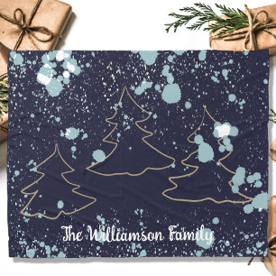 Script navy gold white snow cabin lake house trees fleece blanket