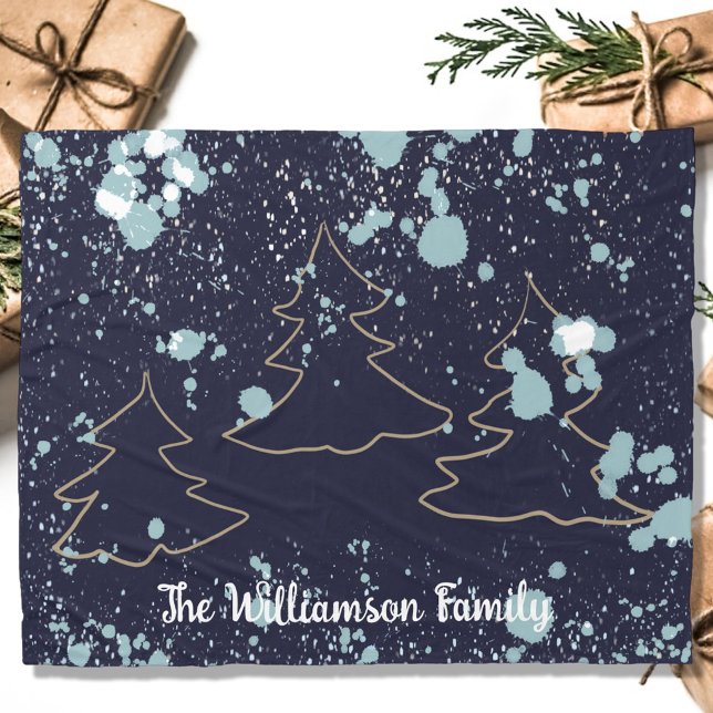 Script navy gold white snow cabin lake house trees fleece blanket (Creator Uploaded)