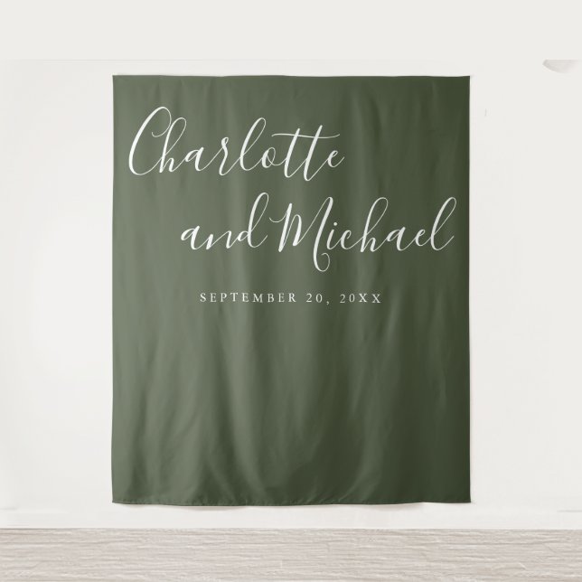 Script Olive Green Wedding Photo Booth Backdrop Tapestry (Front)