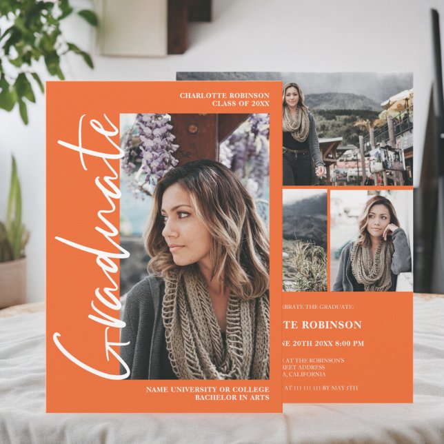  Script orange graduate photo graduation Invitation (Script orange graduate photo graduation Invitation)