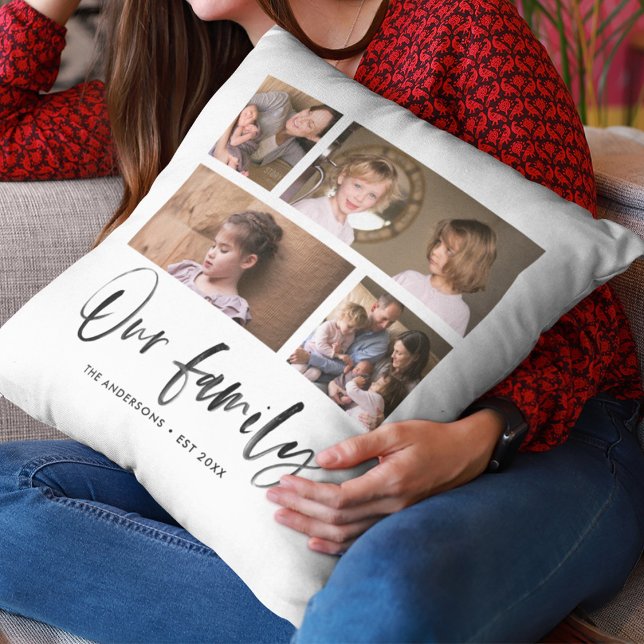 Script Our Family Name Photo Collage Cushion (Creator Uploaded)