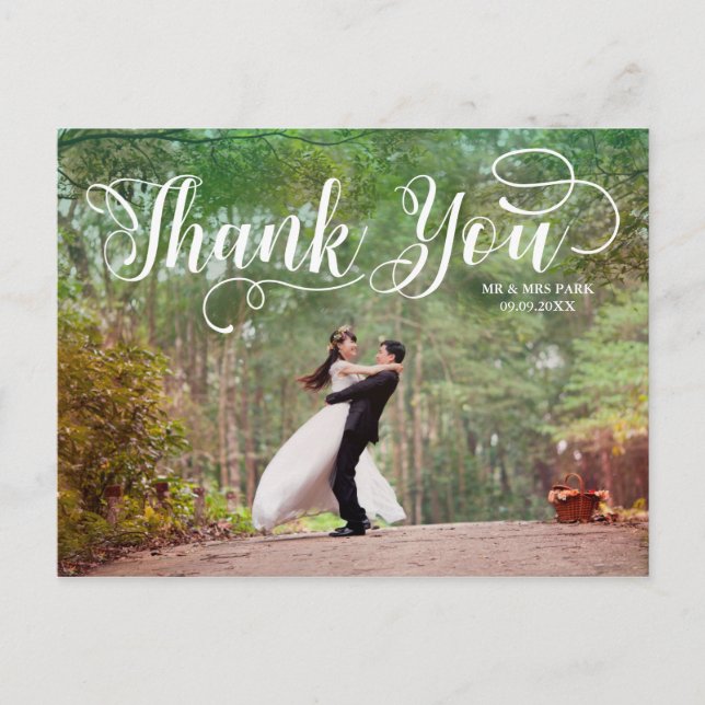 Script Overlay Wedding Photo Thank You Postcard (Front)